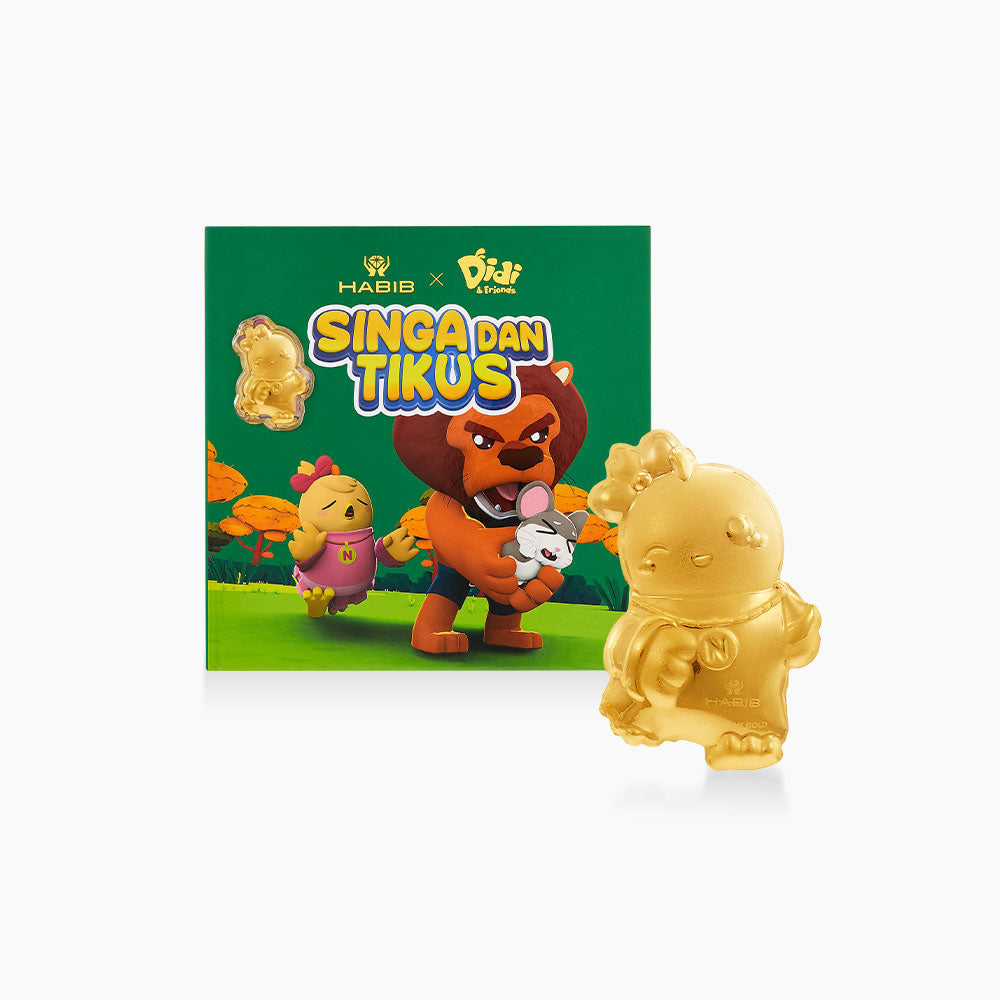 Gold figurine of a lion character from 'Singa dan Tikus' with packaging in the background