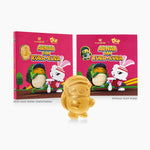 Two cartoon book covers featuring characters Arnab dan Kura-kura with a gold figurine in front.