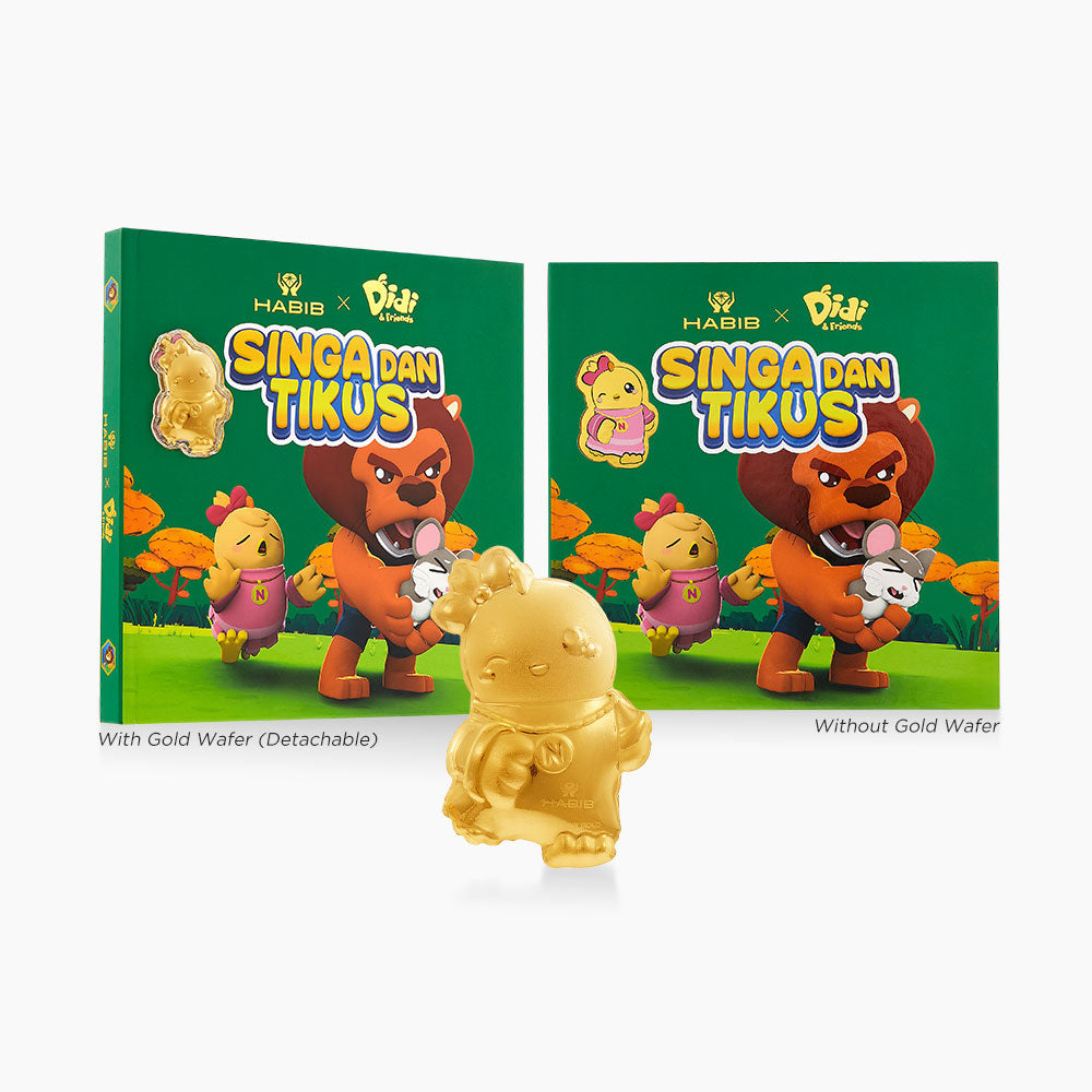 Gold figurine with packaging featuring 'Singa dan Tikus' characters and Habibie branding.