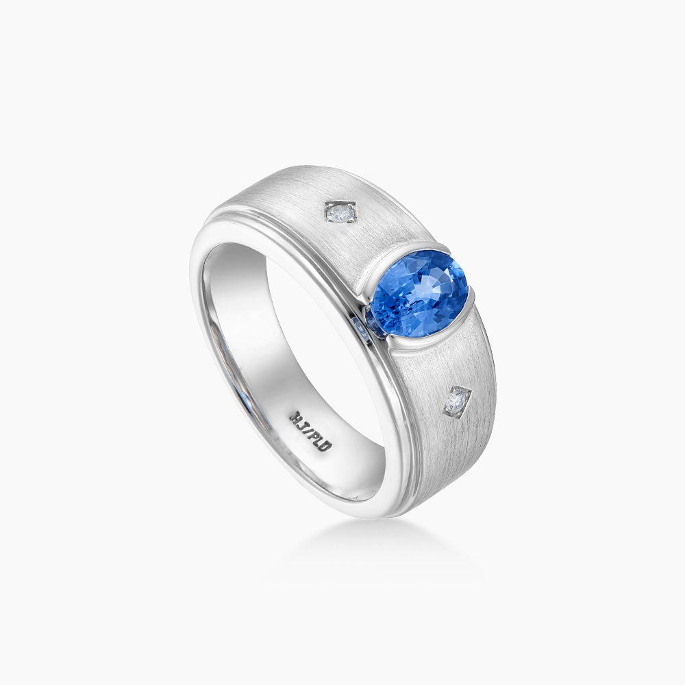 Oval Cut Blue Sapphire and Diamond Men's Ring in 925 Silver Palladium 11938(PLD)
