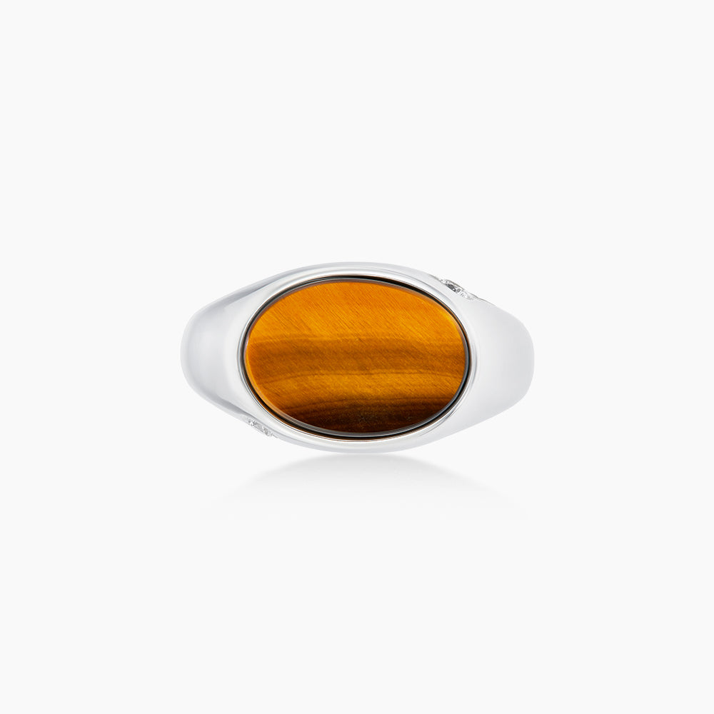 Oval Tiger's Eye and Diamond Men's Ring in 925 Silver Palladium 119730424(PLD)-TIGE