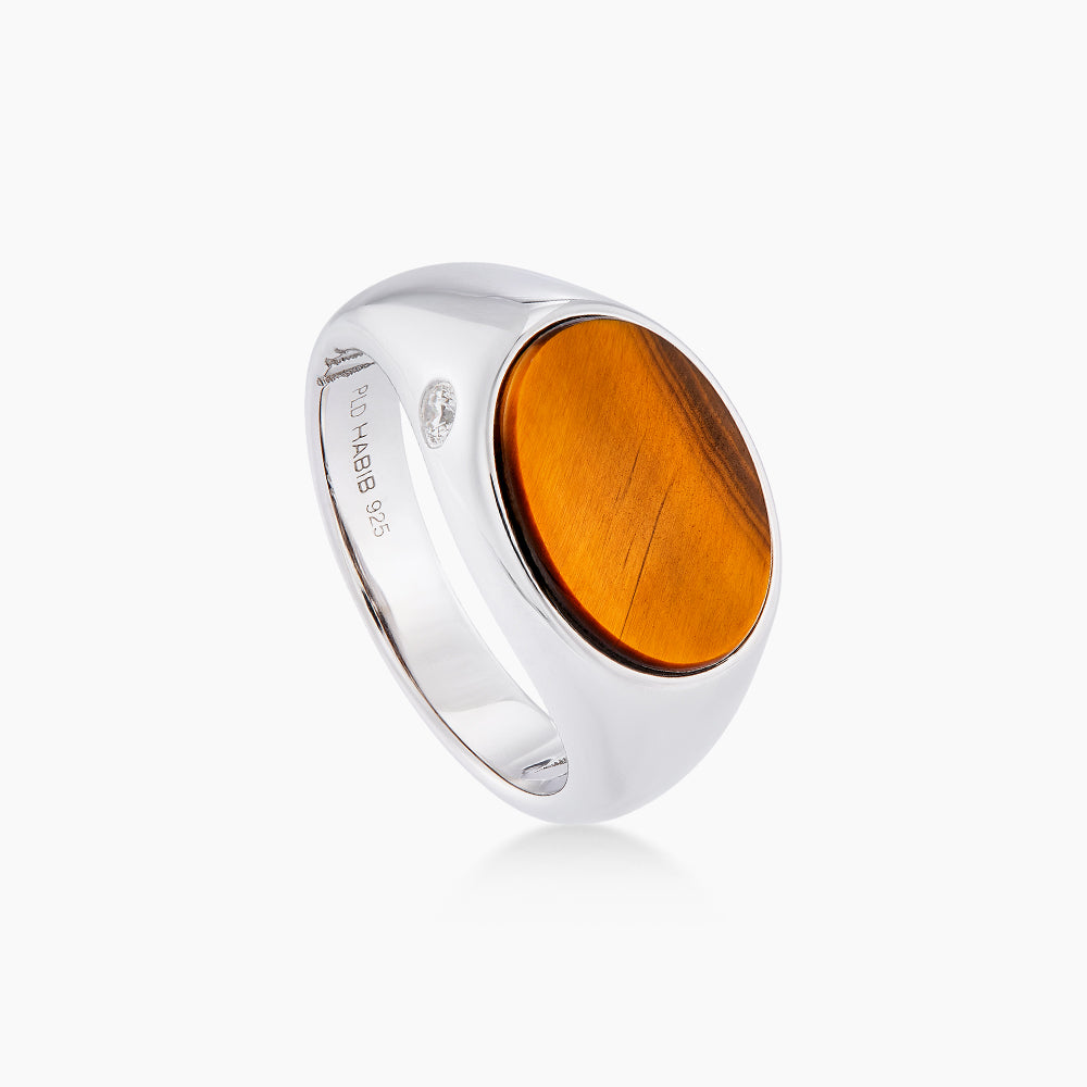 Oval Tiger's Eye and Diamond Men's Ring in 925 Silver Palladium 119730424(PLD)-TIGE