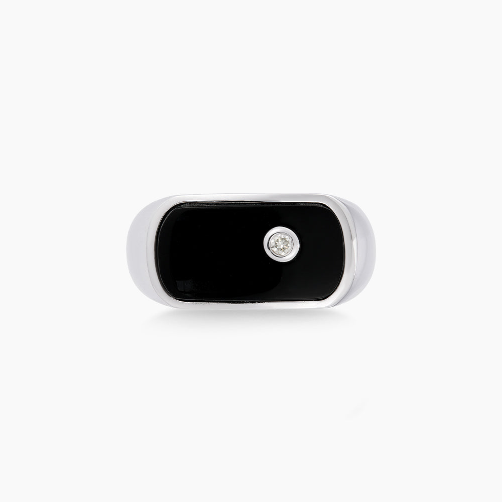 Rectagular Black Agate and Diamond Men's Ring in 925 Silver Palladium 119780125(PLD)-AGATE