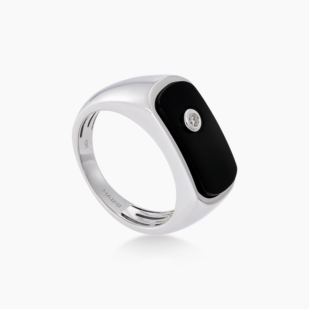 Rectagular Black Agate and Diamond Men's Ring in 925 Silver Palladium 119780125(PLD)-AGATE