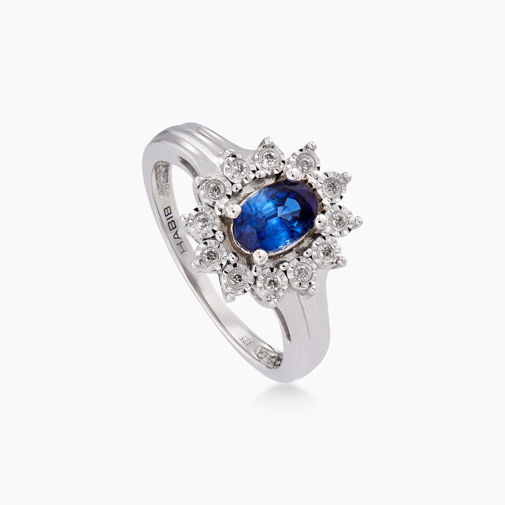 Oval Cut Blue Sapphire and Diamond Ring in 375/9K White Gold 24446(R)