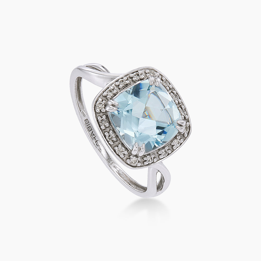 Cushion Blue Topaz and Round Diamond Ring in 375/9K White Gold 24631(R)