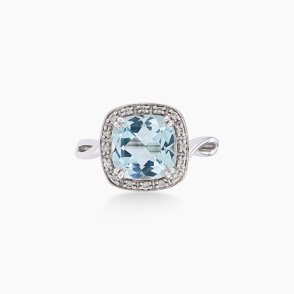 Cushion Blue Topaz and Round Diamond Ring in 375/9K White Gold 24631(R)