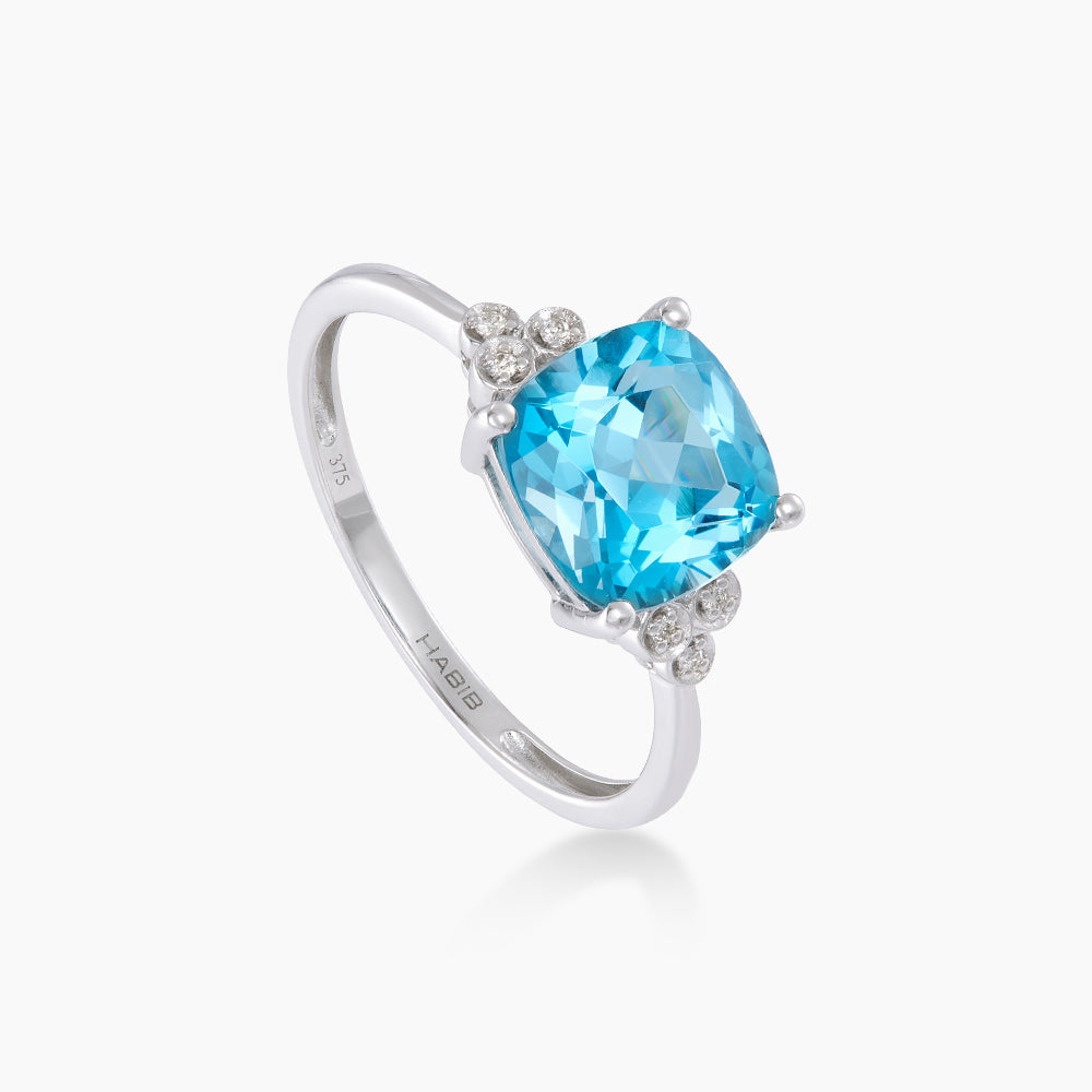 Cushion Cut Blue Topaz and Diamond Reverse Tapered Ring in 375/9K White Gold 24693(R)