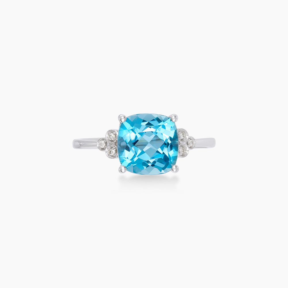 Cushion Cut Blue Topaz and Diamond Reverse Tapered Ring in 375/9K White Gold 24693(R)