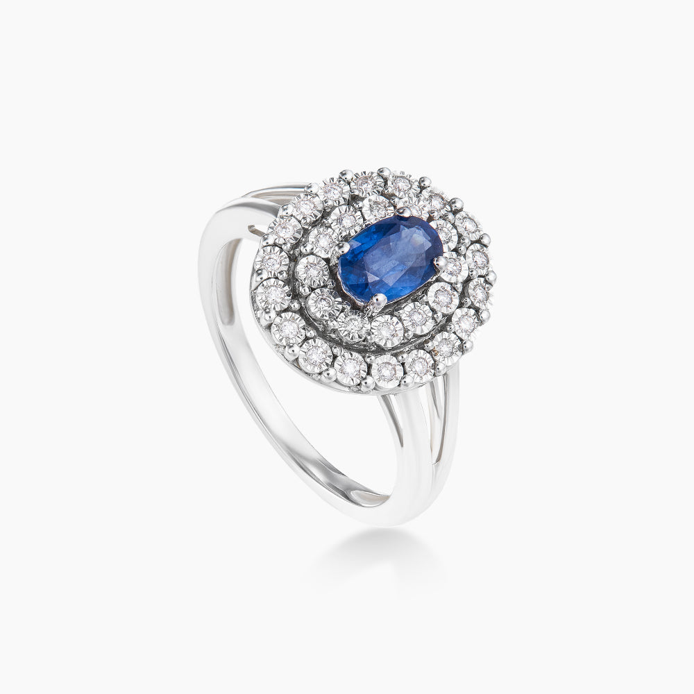 Oval Shape Blue Sapphire Halo Round Diamond Ring in 375/9K White Gold 24709