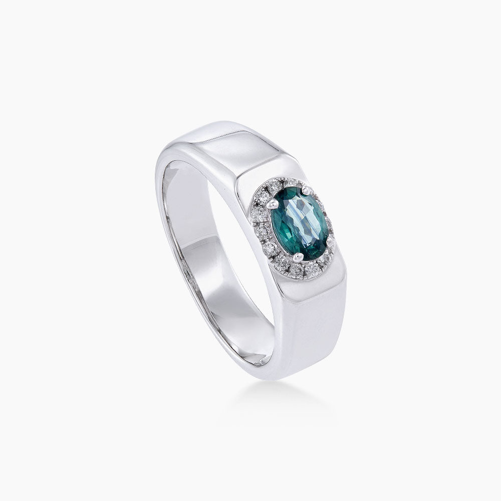 Green Sapphire and Diamond Men's Ring in 925 Silver Palladium 250890723(PLD)-GS