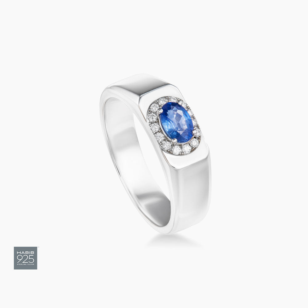 Oval Blue Sapphire and Diamond Men's Ring in 925 Silver Palladium  25089(PLD)
