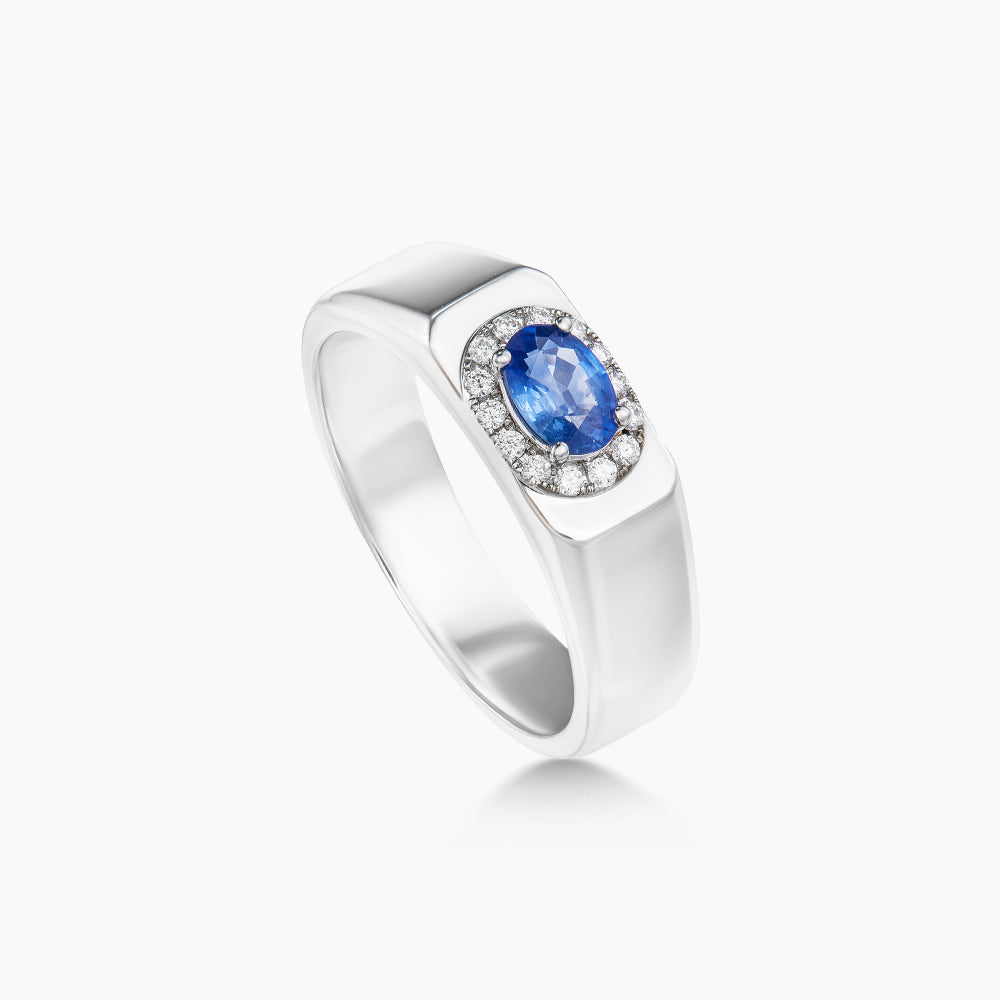 Oval Blue Sapphire and Diamond Men's Ring in 925 Silver Palladium  25089(PLD)