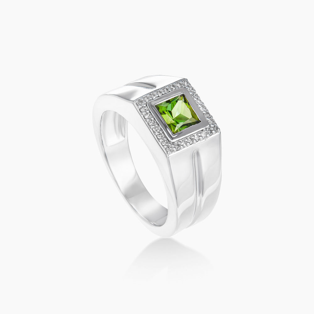 Princess Cut Green Tourmaline and Round Diamond Men's Ring in 925 Palladium 25105(PLD)