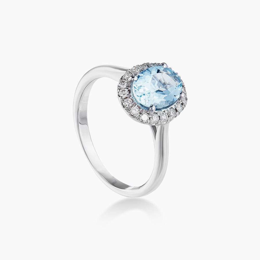 Aquamarine Oval Cut Halo Diamond Ring in 375/9K White Gold 260120321