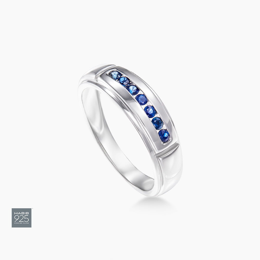 Channel Set Blue Sapphire Men's Ring in 925 Silver Palladium 260360321(PLD)-BS