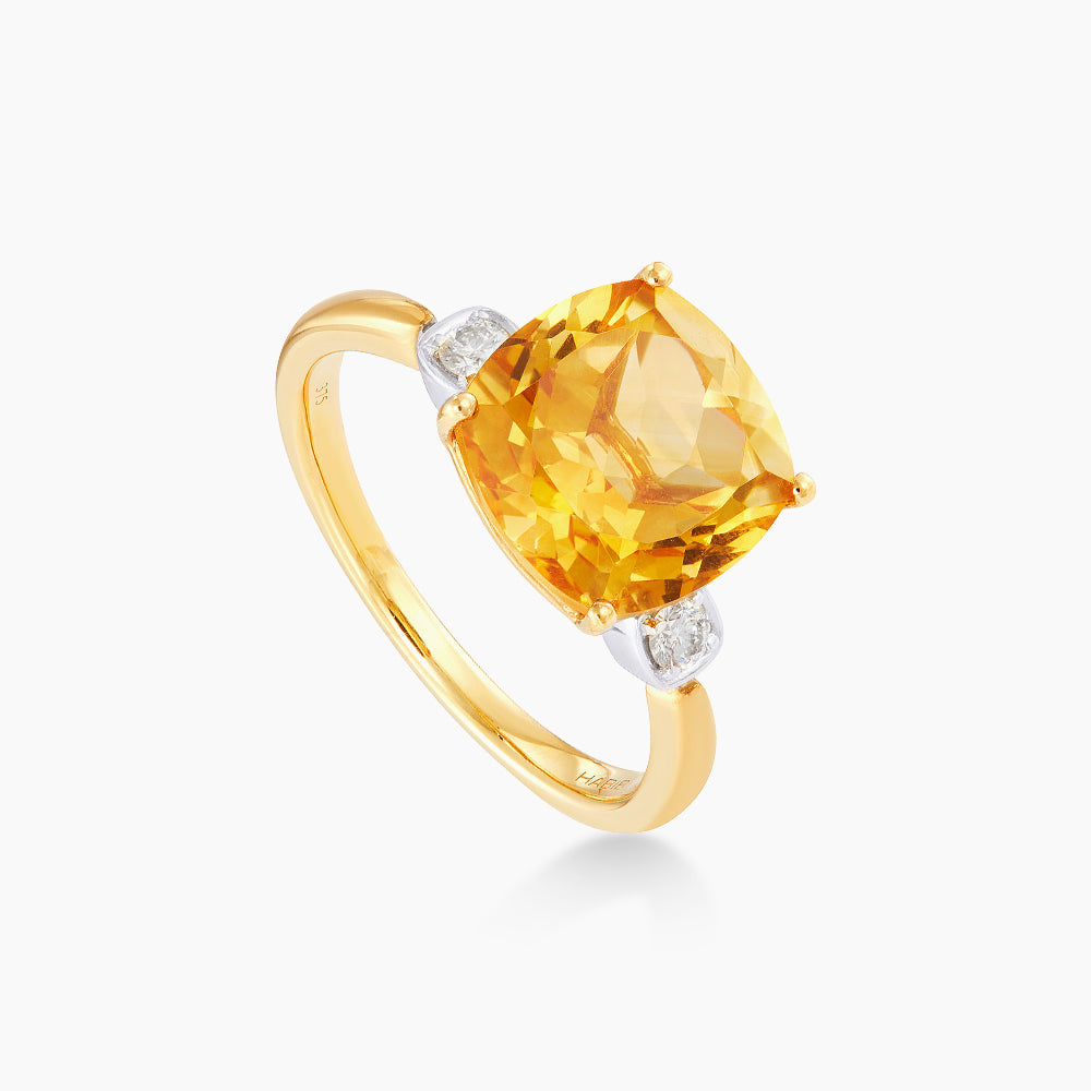 Cushion Cut Citrine and Round Diamond Ring in 375/9K Yellow and White Gold 260490321(R)