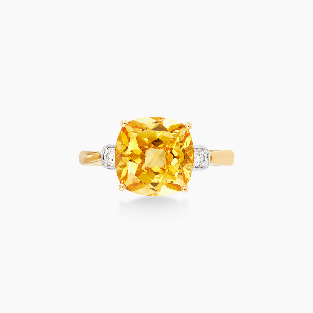Cushion Cut Citrine and Round Diamond Ring in 375/9K Yellow and White Gold 260490321(R)