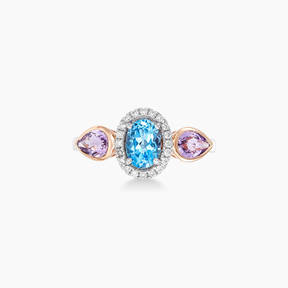 Oval Cut Blue Topaz and Pear Cut Amethyst Diamond Ring in 375/9K White and Rose Gold 261741021(R)
