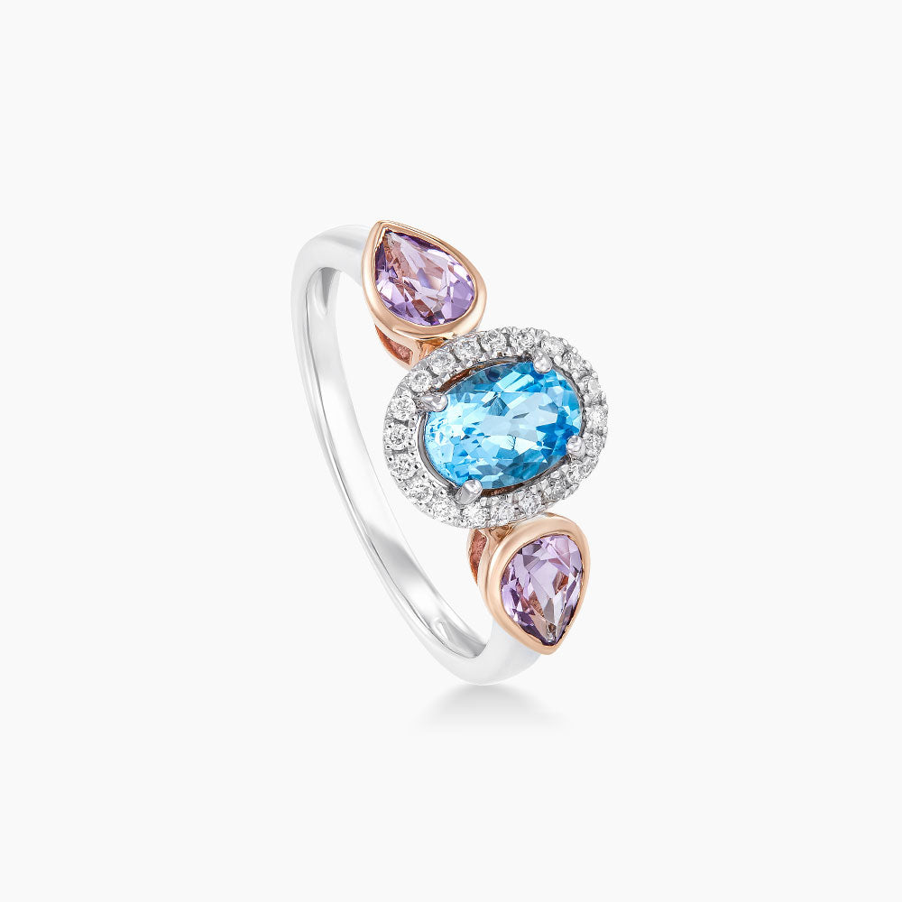 Oval Cut Blue Topaz and Pear Cut Amethyst Diamond Ring in 375/9K White and Rose Gold 261741021(R)