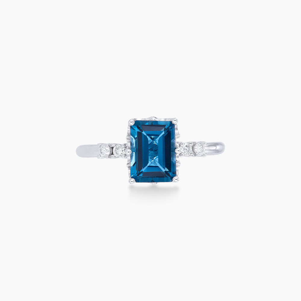 Emerald Cut Blue Topaz and Diamond Ring in 375/9K White Gold 265461222(WG)-BTOPZ