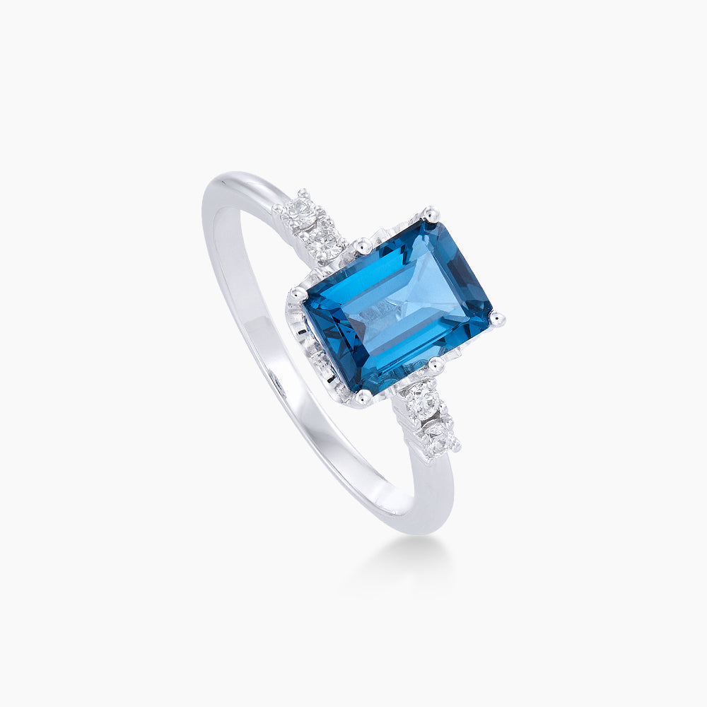 Emerald Cut Blue Topaz and Diamond Ring in 375/9K White Gold 265461222(WG)-BTOPZ
