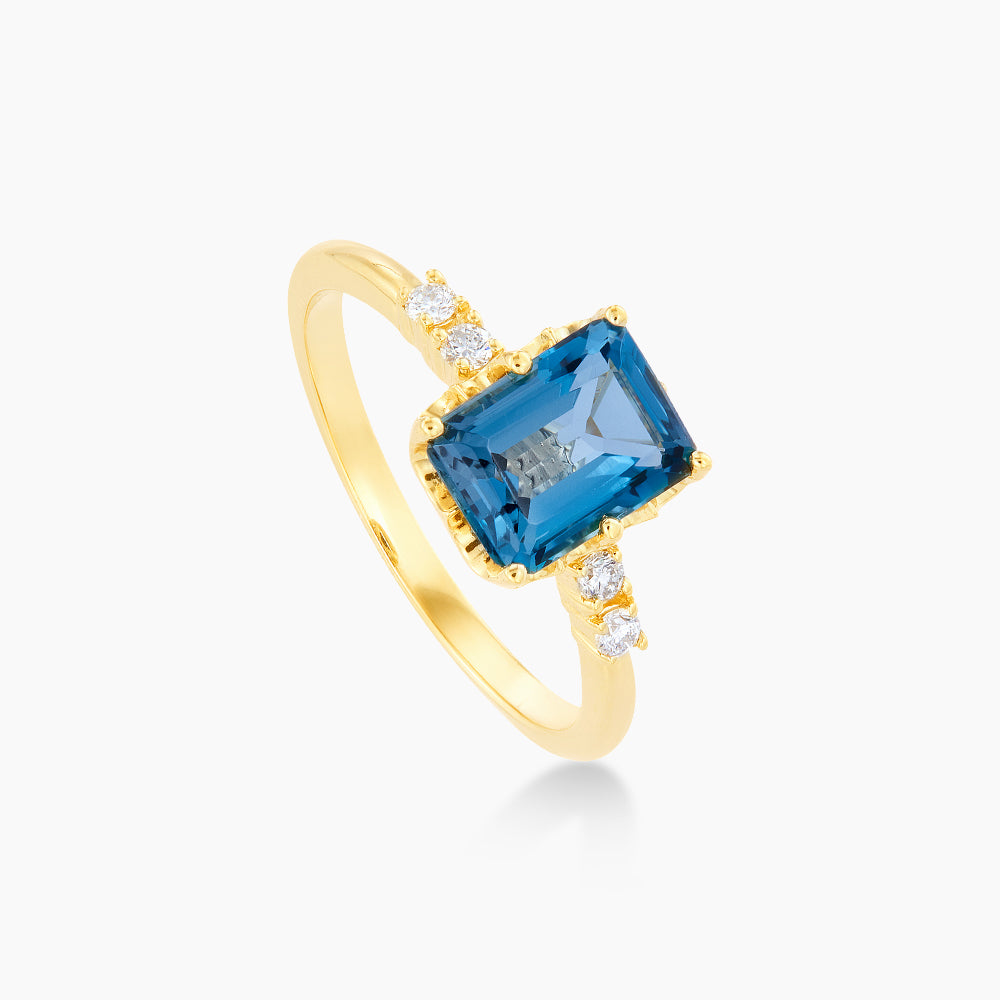 Emerald Cut Blue Topaz and Diamond Ring in 375/9K Yellow Gold 265461222(YG)-BTOPZ