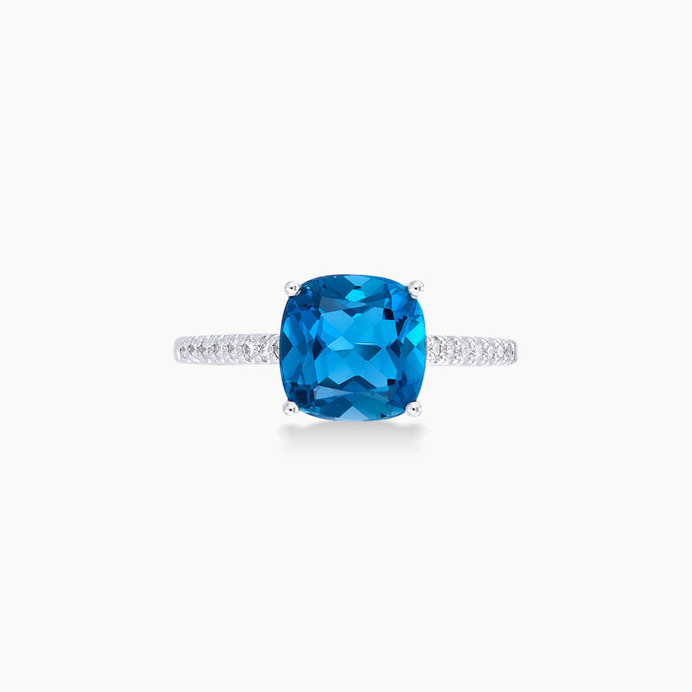 Square Cut Blue Topaz and Diamond Ring in 750/18K White Gold 265481222(WG)-BTOPZ