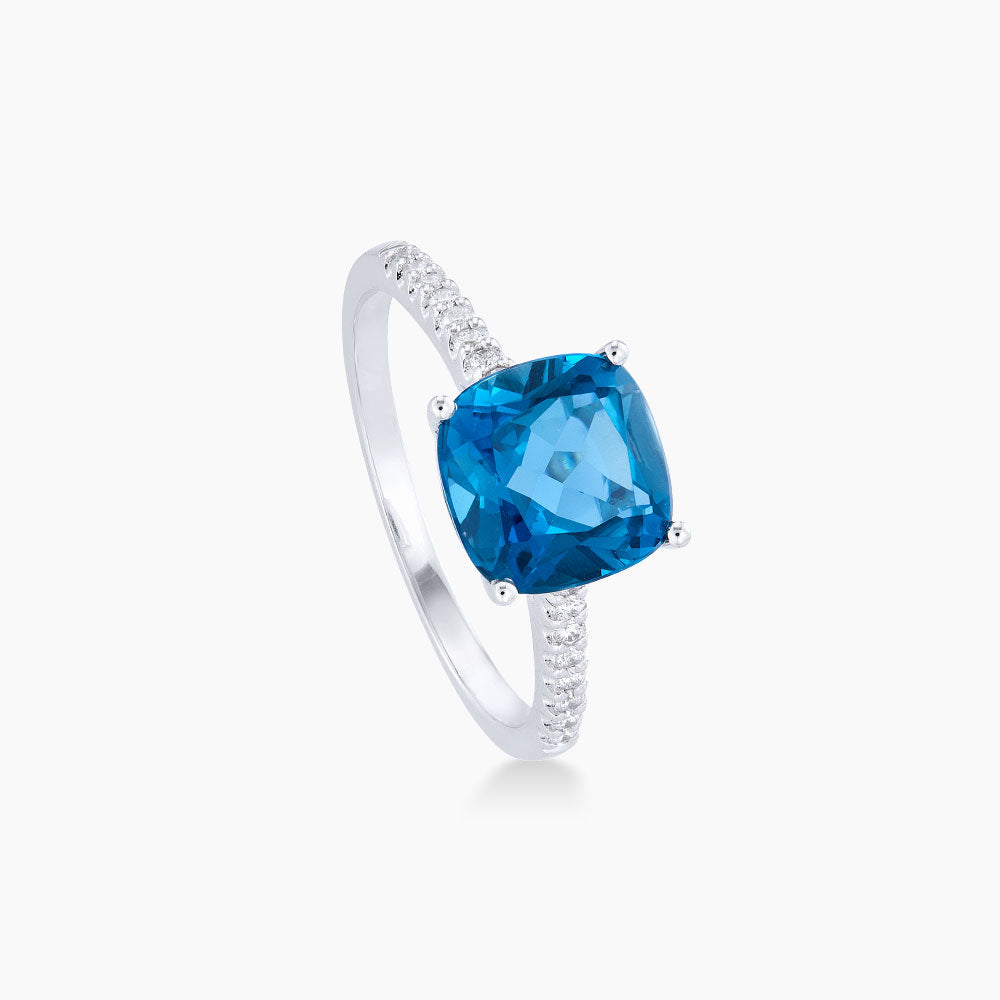 Square Cut Blue Topaz and Diamond Ring in 750/18K White Gold 265481222(WG)-BTOPZ