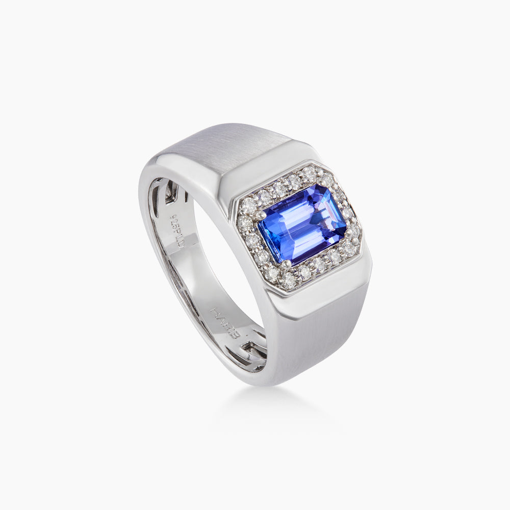 Emerald Blue Tanzanite and Diamond Men's Ring in 925 Silver Palladium 271650125(PLD)-TANZ