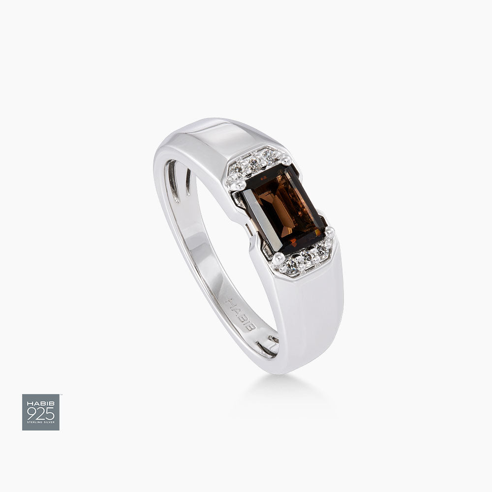 Rectangular Brown Quartz and Diamond Men's Ring in 925 Silver Palladium 271830125(PLD)-QUTZ