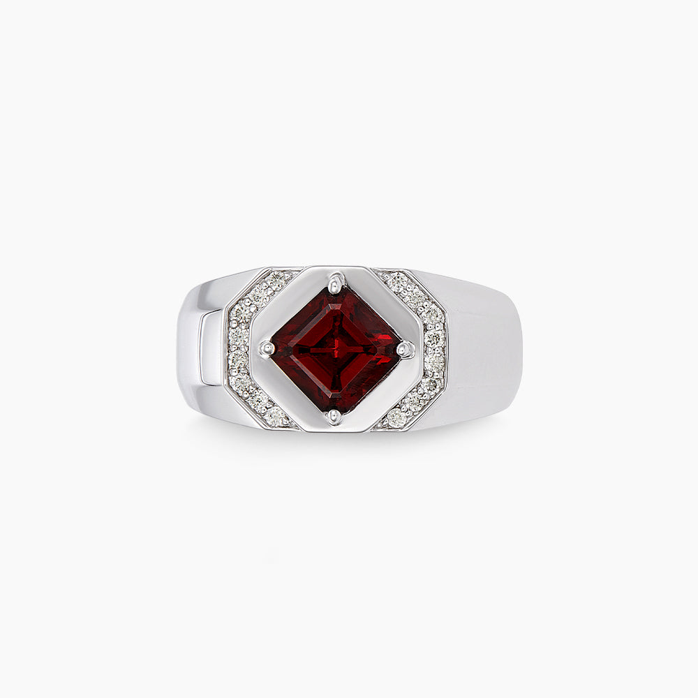 Square Garnet and Diamond Men's Ring in 925 Silver Palladium 271900125(PLD)-GARN