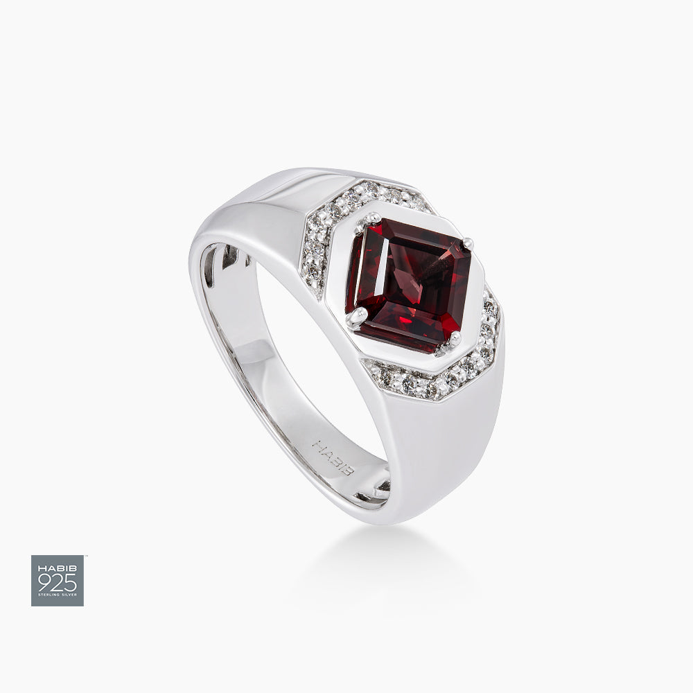 Square Garnet and Diamond Men's Ring in 925 Silver Palladium 271900125(PLD)-GARN