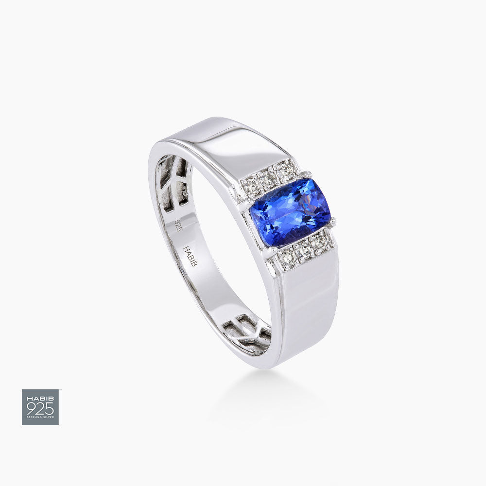 Cushion Blue Tanzanite and Diamond Ring in 925 Palladium Men's Ring 272760425(PLD)-TANZ