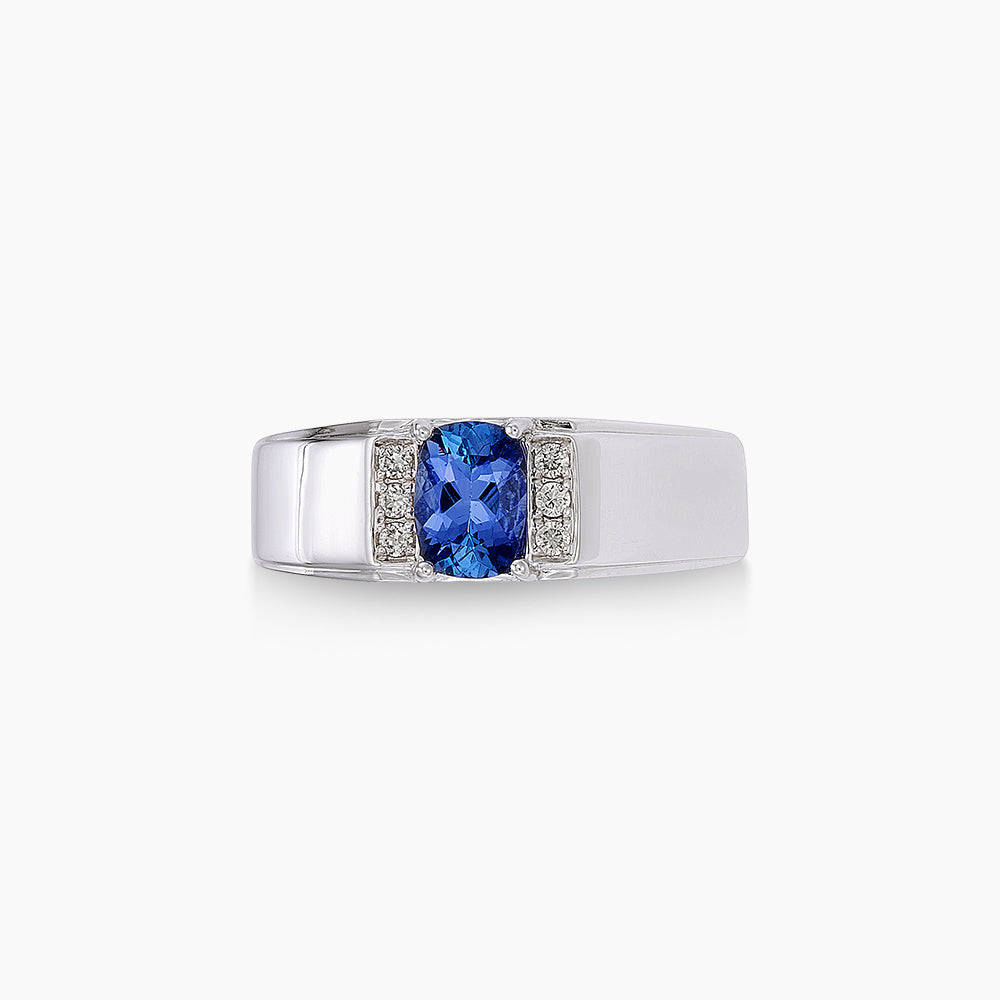 Cushion Blue Tanzanite and Diamond Ring in 925 Palladium Men's Ring 272760425(PLD)-TANZ