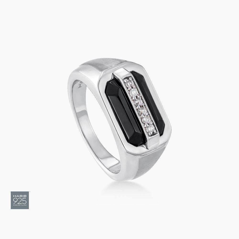 Fancy Black Onyx and Diamond Men's Ring in 925 Silver Palladium 273980725(PLD)