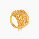 HABIB 916 Tricolor Gold Ring featuring an intricate filigree flower and cage design in polished yellow, white, and rose gold.