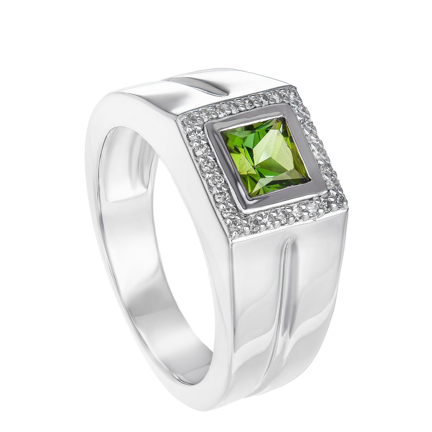 Princess Cut Green Tourmaline and Round Diamond Men's Ring in 925 Palladium 25105(PLD)