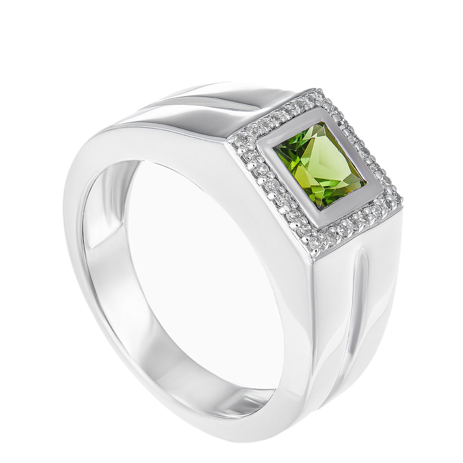 Princess Cut Green Tourmaline and Round Diamond Men's Ring in 925 Palladium 25105(PLD)