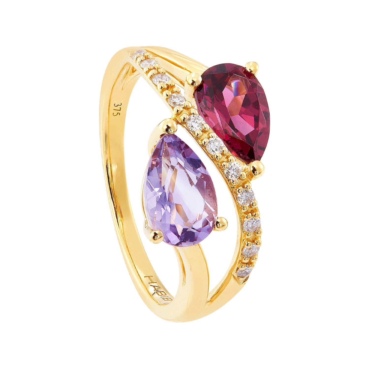 Pear Amethyst, Rhodolite and Diamond Ring in 375/9K Yellow Gold 269150224