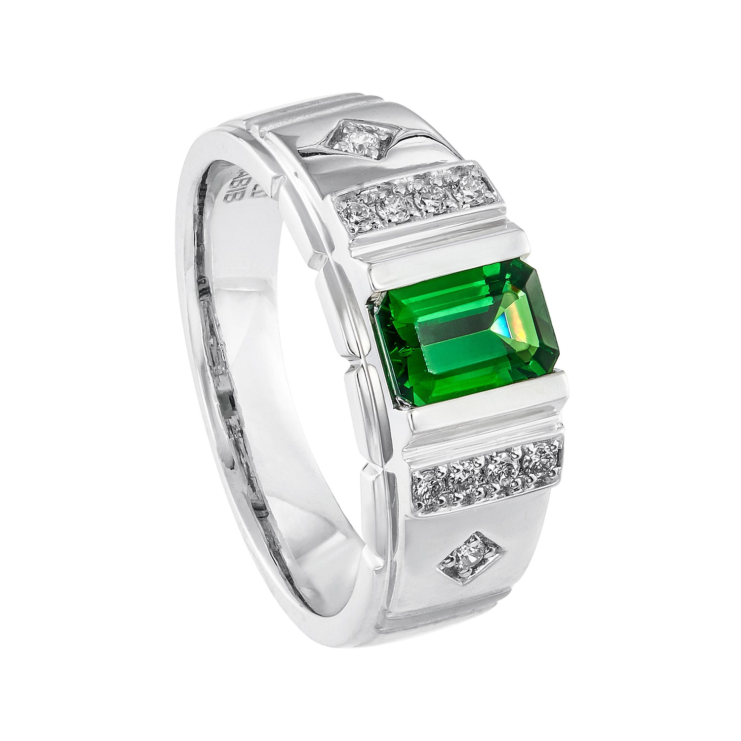Octagon Green Tsavorite and Diamond Men's Ring in 925 Silver Palladium 270801024(PLD)-TSAV