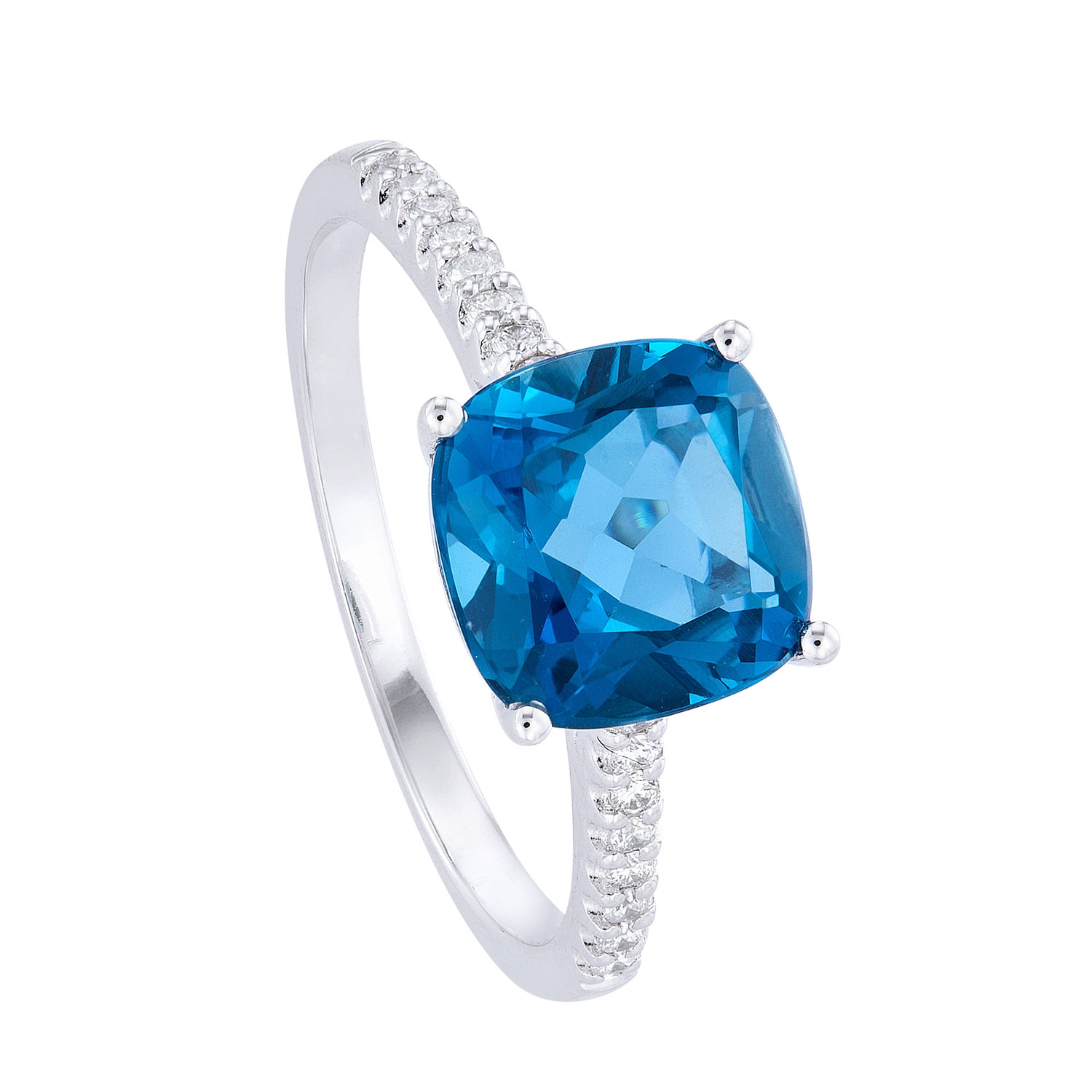 Square Cut Blue Topaz and Diamond Ring in 750/18K White Gold 265481222(WG)-BTOPZ