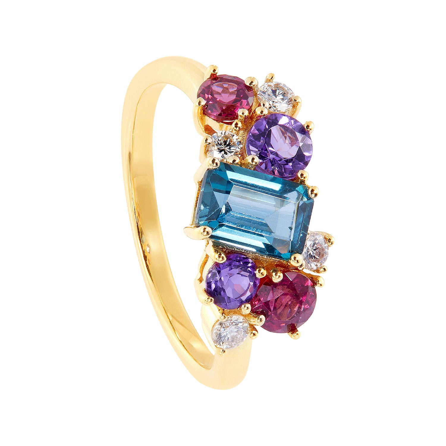 CHIC | Multi-Coloured Gemstone (Amethyst,Topaz,Rhodonite,Diamond) Ring In 375/9K Yellow Gold