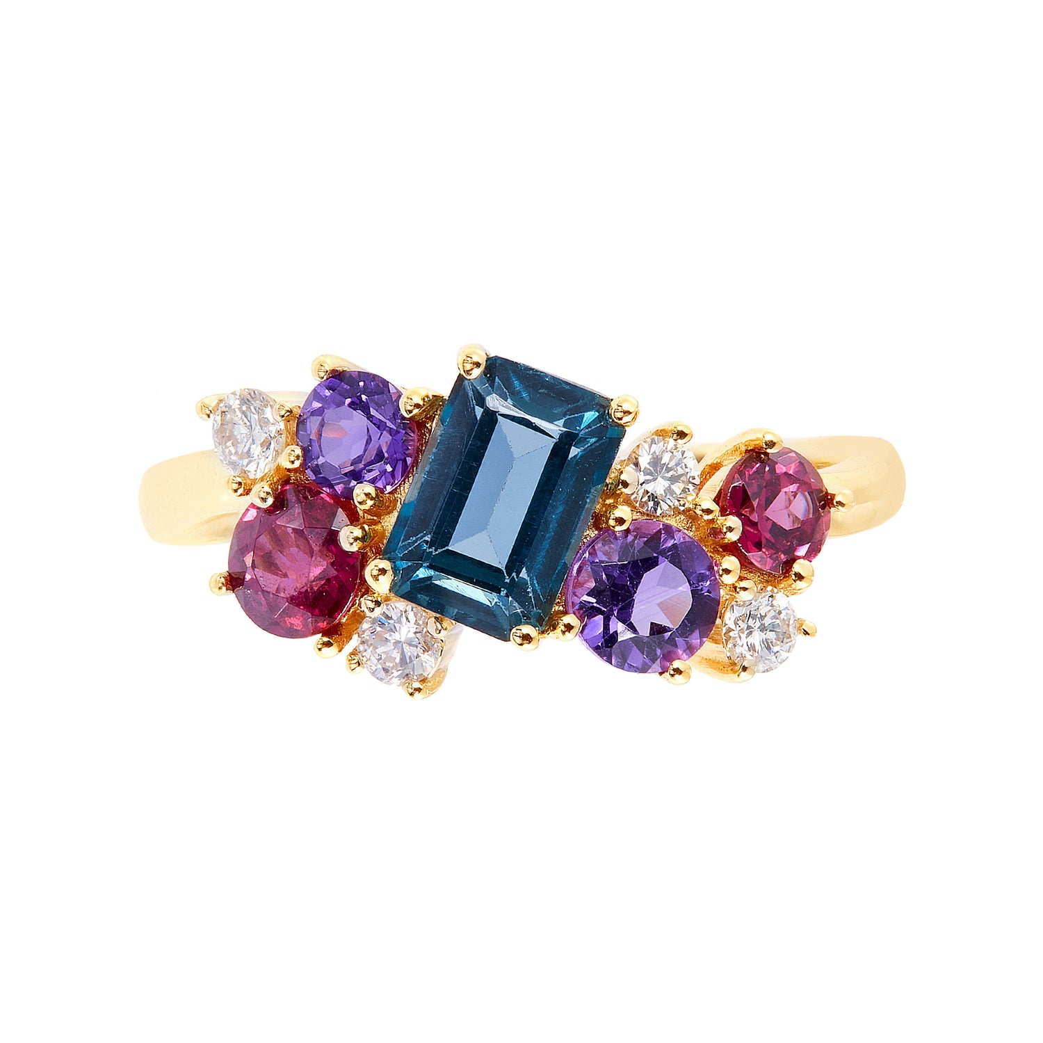 CHIC | Multi-Coloured Gemstone (Amethyst,Topaz,Rhodonite,Diamond) Ring In 375/9K Yellow Gold