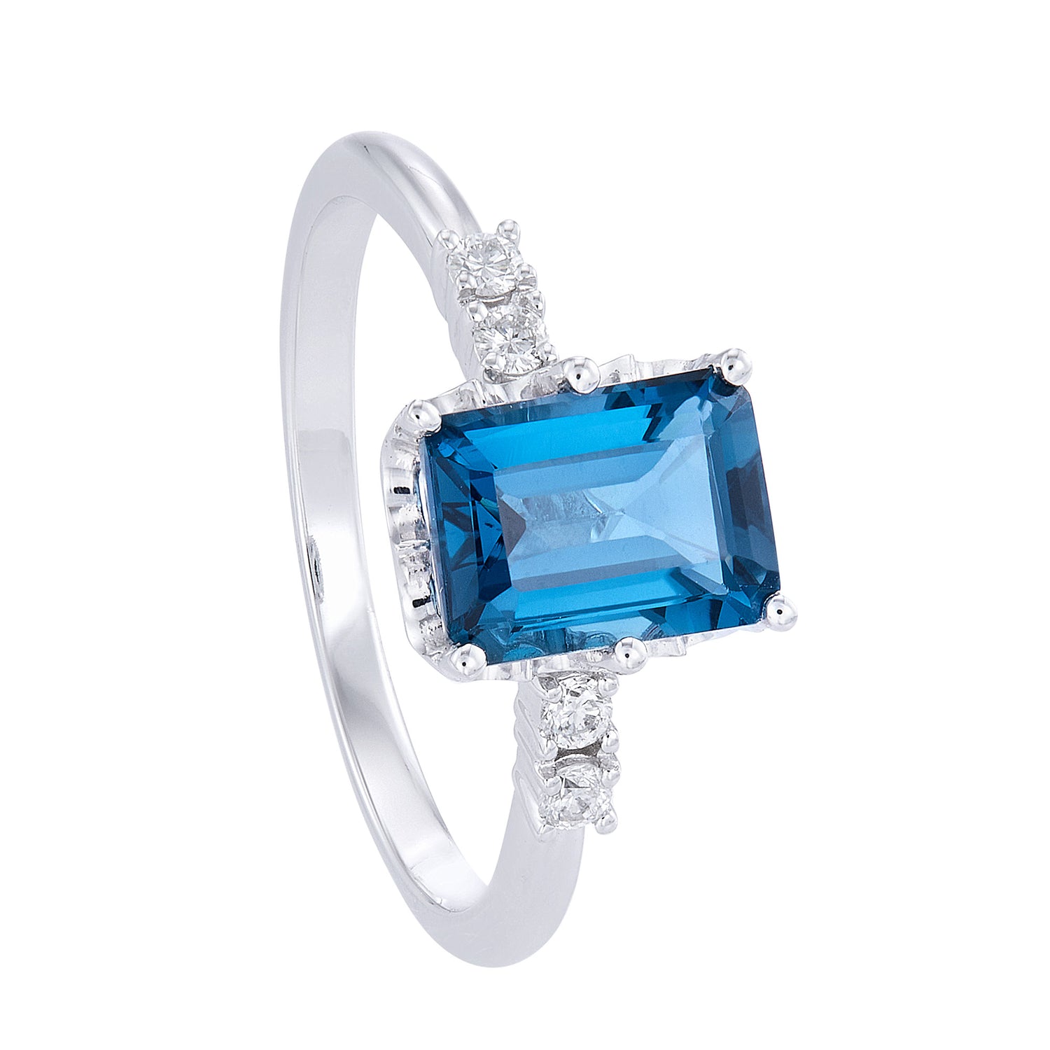 Emerald Cut Blue Topaz and Diamond Ring in 375/9K White Gold 265461222(WG)-BTOPZ