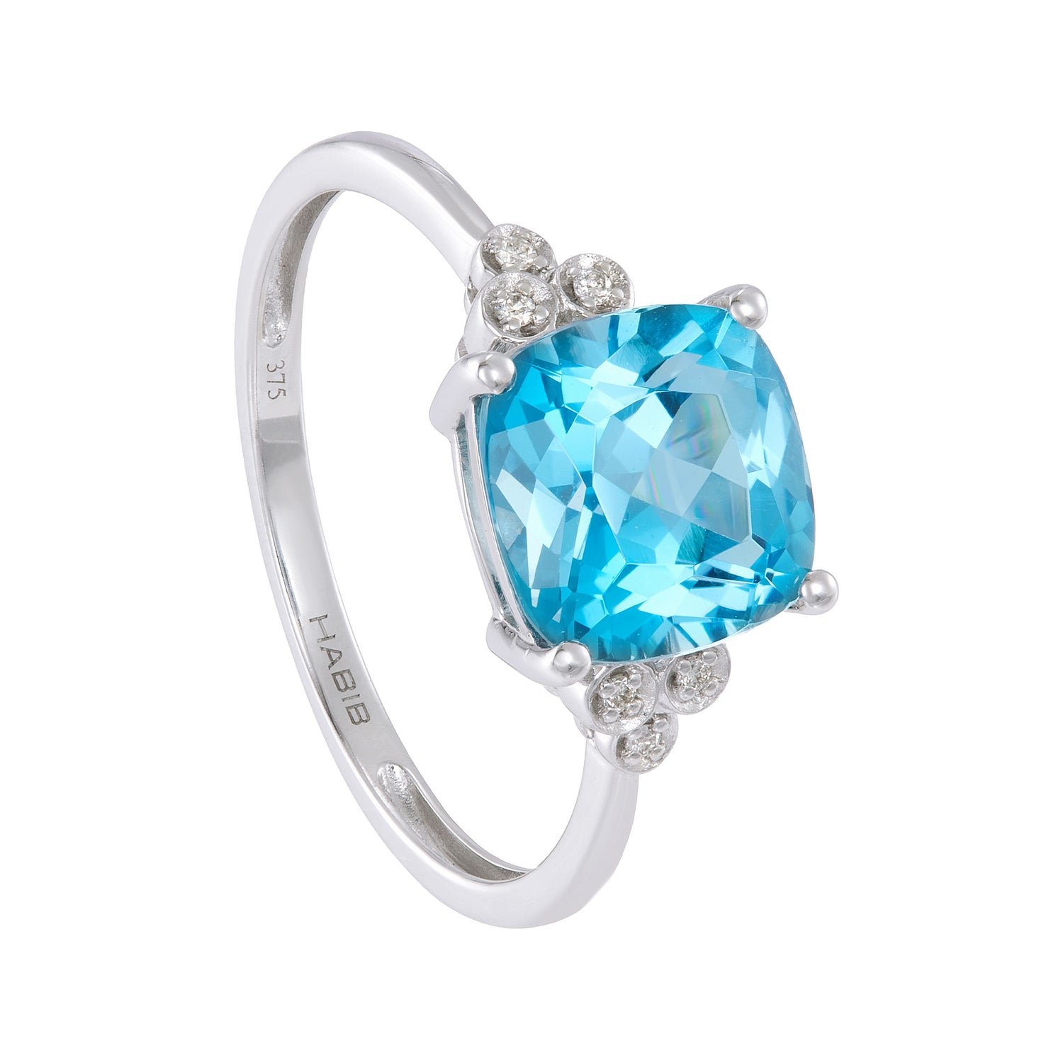 Cushion Cut Blue Topaz and Diamond Reverse Tapered Ring in 375/9K White Gold 24693(R)