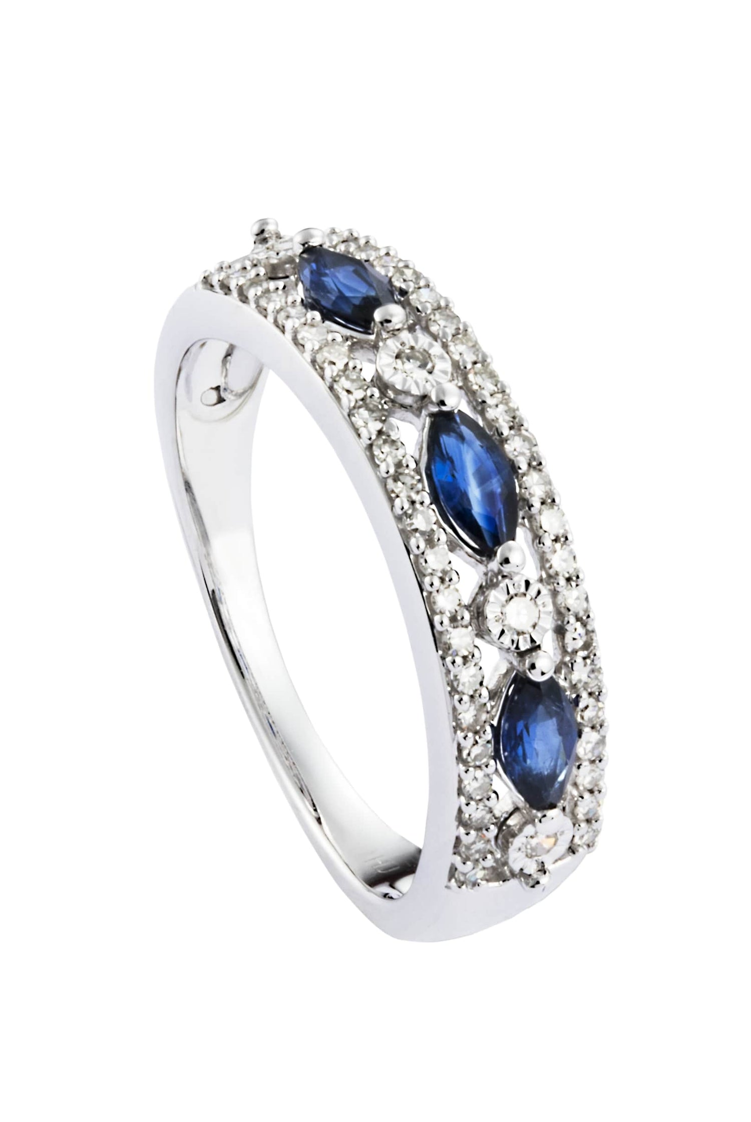 Marquise Cut Blue Sapphire and Micro Pavé Diamond Ring in 375/9K White Gold 25777