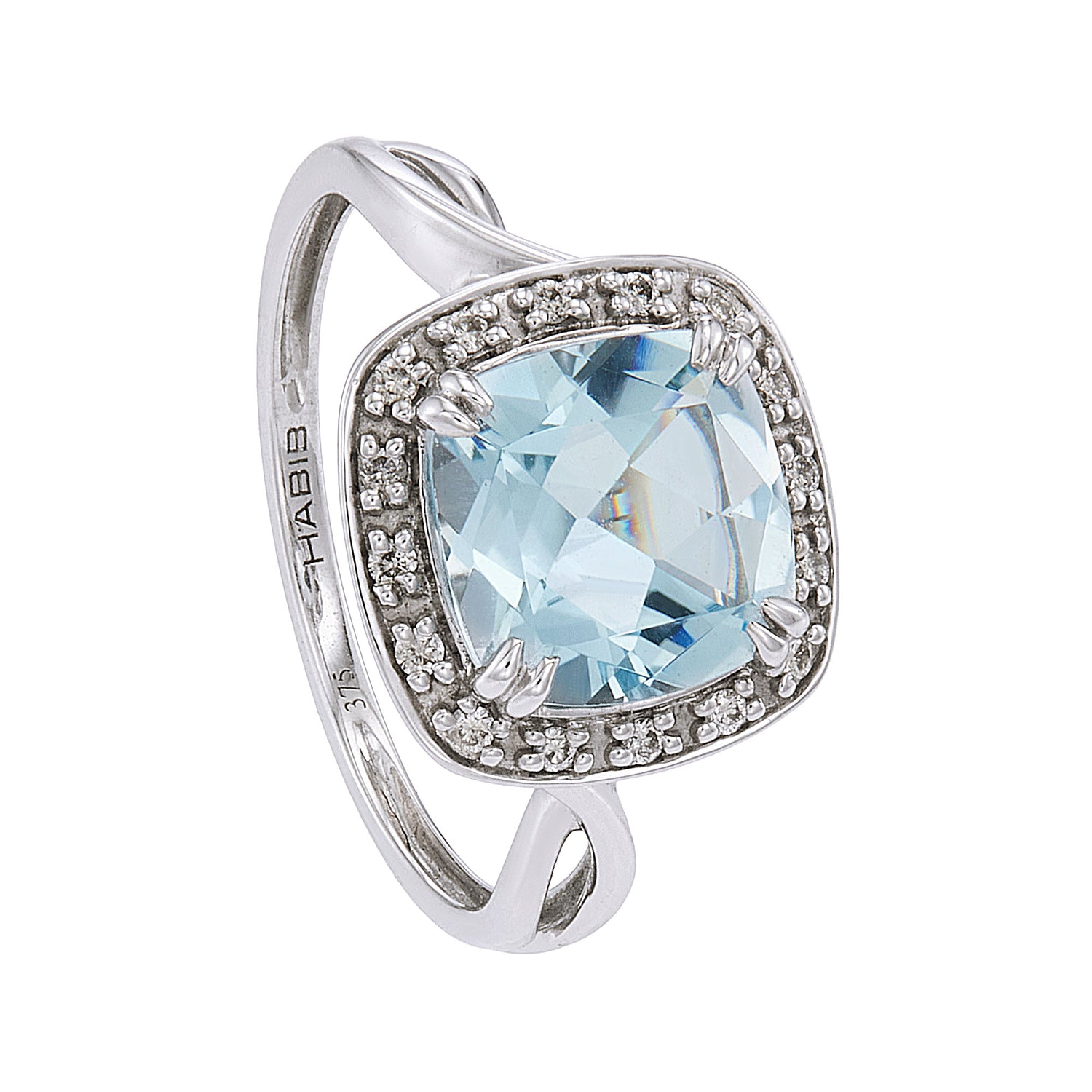 Cushion Blue Topaz and Round Diamond Ring in 375/9K White Gold 24631(R)