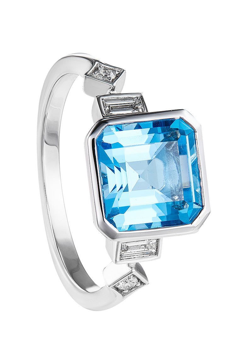 Bezel Blue Topaz and Diamond Ring in 375/9K White Gold 25769(R)
