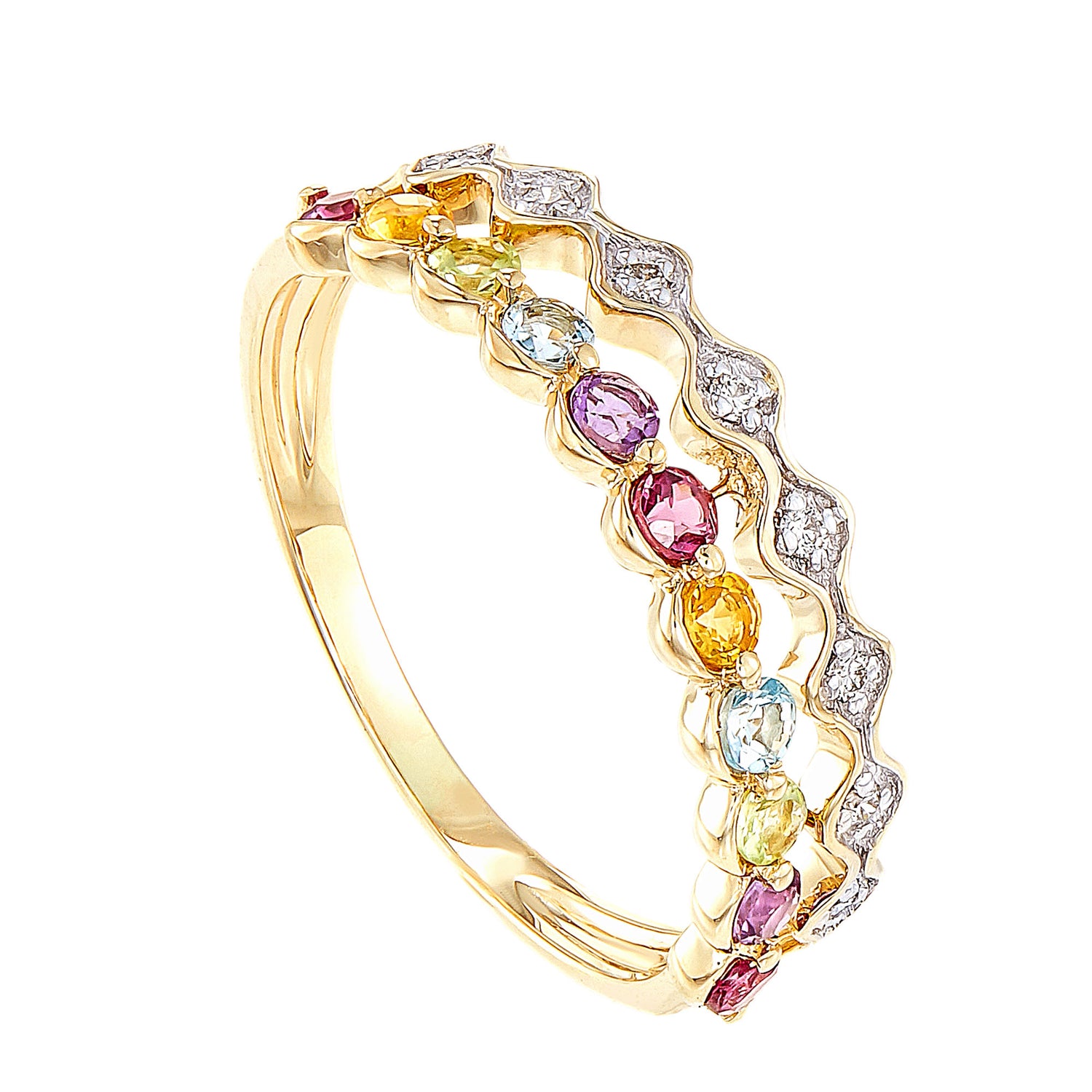 Round Cut Multi-Coloured Gemstones and Diamond Split Shank Ring in 375/9K Yellow Gold 258830620